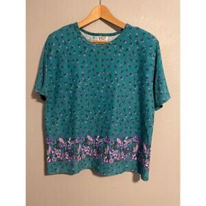Vintage Womens Top Size Large Teal Floral Short Sleeve Cottagecore Boho 90s